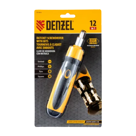Отвертка реверсивная DENZEL механизм SmartPush 12 шт, S2