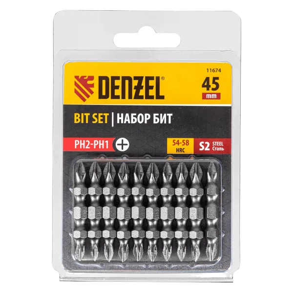 Бита DENZEL двухсторонняя, PH2-PH1 х 45 мм, сталь S2, 10 шт.