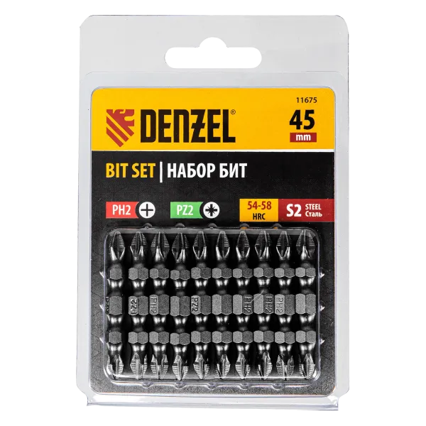 Бита DENZEL двухсторонняя, PH2-PZ2 х 45 мм, сталь S2, 10 шт.