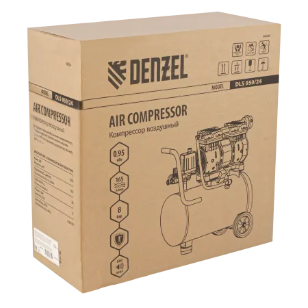 Компрессор безмасляный DENZEL DLS950/24, 950 Вт, 165 л/мин, ресивер 24 л, малошумный