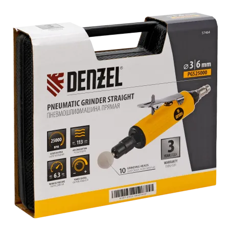 Пневмошлифмашина прямая DENZEL PGS25000, 25000 об/мин, 10 шлиф. камней, цанга - 3, 6 мм, 113 л/мин