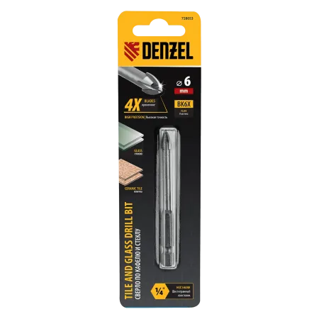Сверло по керамической плитке DENZEL 6 мм, крестовая пластина, шестигранный хвостовик