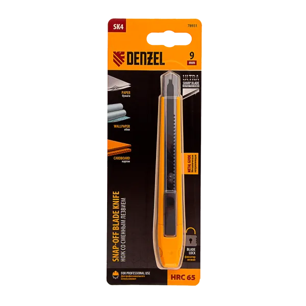Нож DENZEL 9 мм, сменное лезвие, SK4, метал. направляющая, клипса, нажимной фиксатор