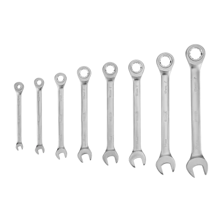 Набор ключей комбинированных трещоточных DENZEL 6-19 мм, 8 шт., CrV, матовый хром