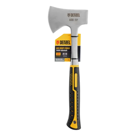 Топор цельнометаллический DENZEL, 600 г, двухкомпонентная обрезиненная рукоятка, прямой хват
