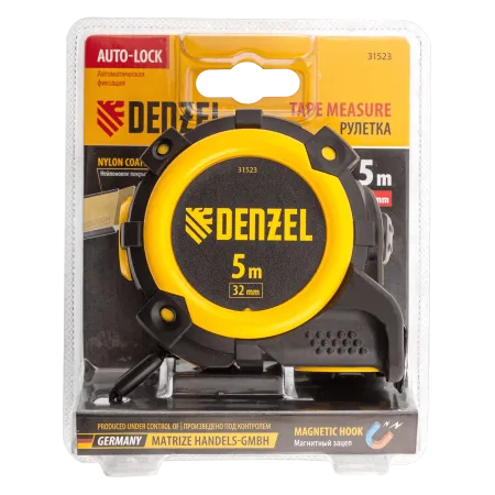 Рулетка DENZEL 31523 5м х 32мм, автоматич. фиксац., нейлон. покрытие, магнит. зацеп, двухстор. разметка