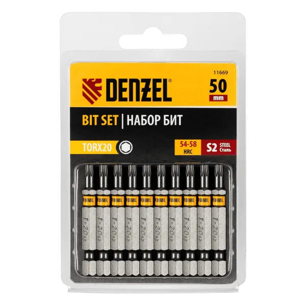 Бита DENZEL TX 20х50, сталь S2, шестигранный профиль, 10 шт. Е 6,3