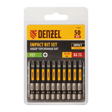 Бита DENZEL IMPACT, PZ1x50 мм, лазерная обработка шлица, сталь S2, 10 шт., Е 6,3