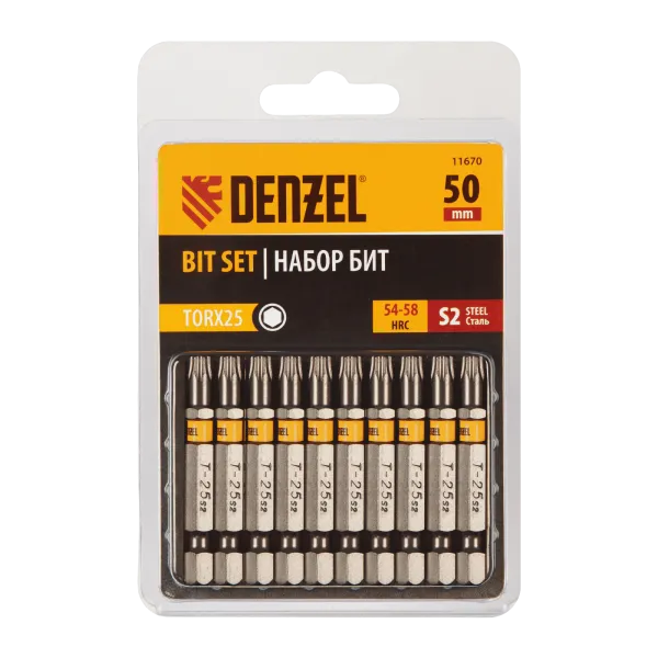 Бита DENZEL TX 25х50, сталь S2, шестигранный профиль, 10 шт. Е 6,3