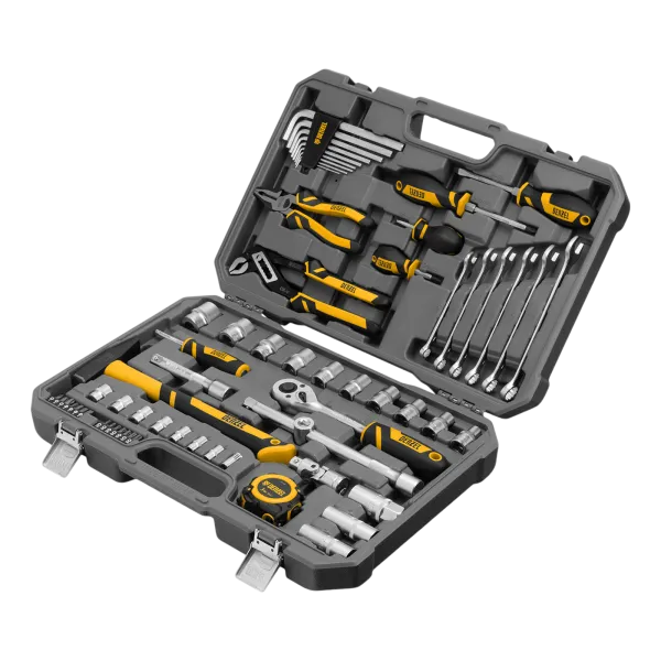 Набор инструментов DENZEL 1/2", 1/4", CrV, S2, пластиковый кейс, 64 предмета