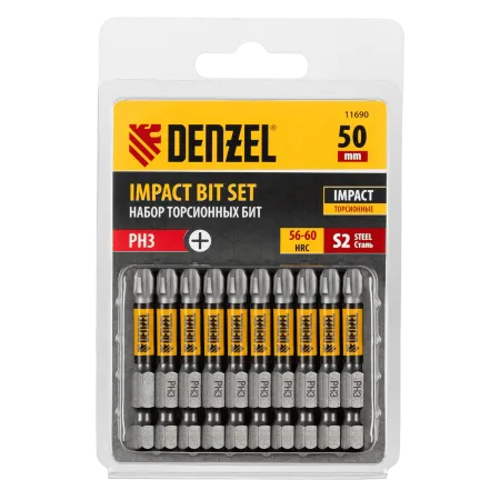 Бита DENZEL IMPACT, PH3x50 мм, лазерная обработка шлица, сталь S2, 10 шт., Е 6,3