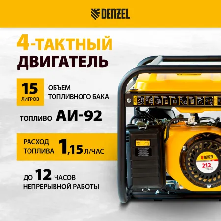 Генератор бензиновый DENZEL PS 25, 2.5 кВт, 230 В, 15 л, ручной старт