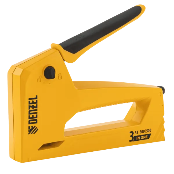 Степлер мебельный DENZEL алюминиевый корпус, тип 53, 6-14 мм, тип 300, 15 мм, тип 500, 15 мм