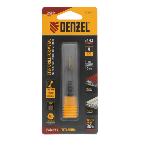 Сверло ступенчатое DENZEL 4-5-6-7-8-9-10-11-12 мм, Р6М5К5, 6-гр. хвостовик
