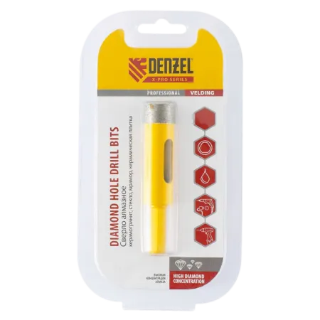Сверло алмазное по керамограниту DENZEL 72679, 20 мм, мокрая резка, трехгранный хвостовик