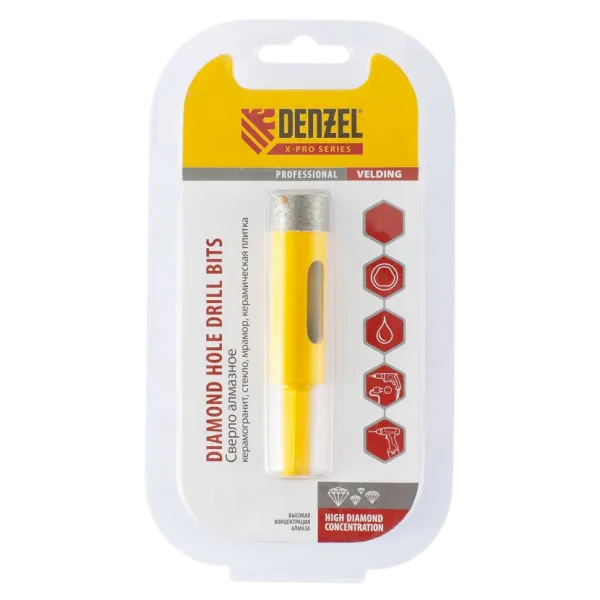 Сверло алмазное по керамограниту DENZEL 72679, 20 мм, мокрая резка, трехгранный хвостовик