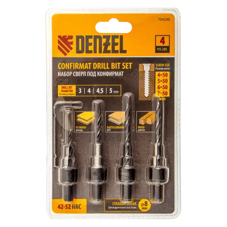Набор сверл под конфирмат DENZEL 3-5 мм, 4 шт