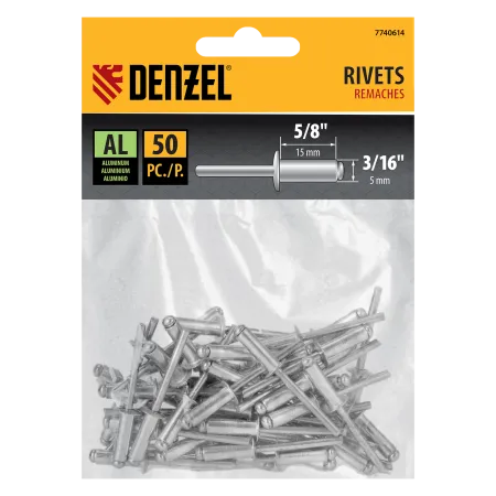 Заклепки алюминиевые DENZEL 3/16"-5/8", 5 х 15 мм, 50 шт