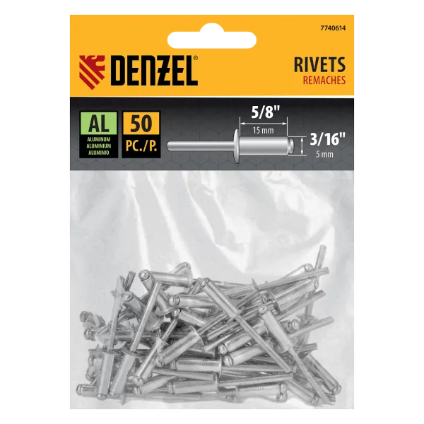 Заклепки алюминиевые DENZEL 3/16"-5/8", 5 х 15 мм, 50 шт
