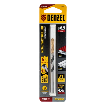 Сверло спиральное по металлу DENZEL 6,5 x 93 мм, Р6М5, Golden Tip, многогранная заточка
