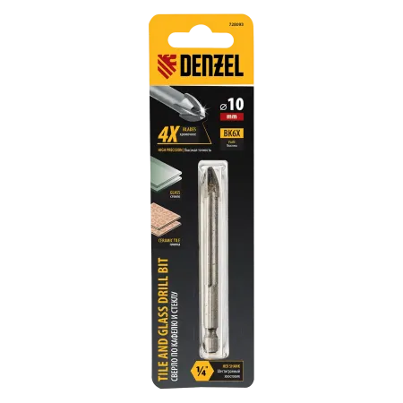 Сверло по керамической плитке DENZEL 10 мм, крестовая пластина, шестигранный хвостовик