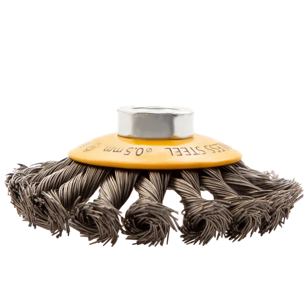 Щетка для УШМ DENZEL 746093, 100 мм, «тарелка», крученая нержавеющая проволока 0.5 мм, М14