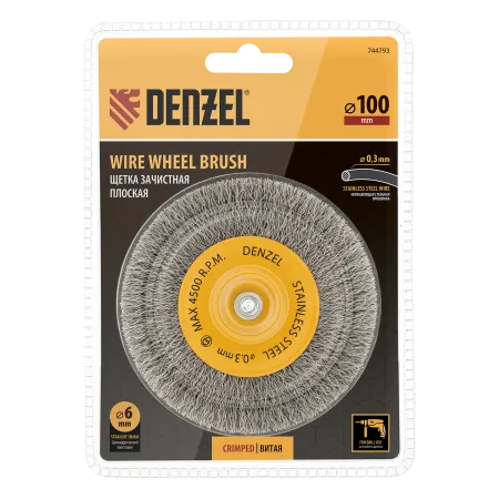 Щетка для дрели DENZEL 100 мм, Плоская, со шпилькой, нержавеющая витая проволока