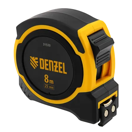 Рулетка DENZEL 8м х 25мм, двухкомп. корпус, магнитный обрезиненный зацеп