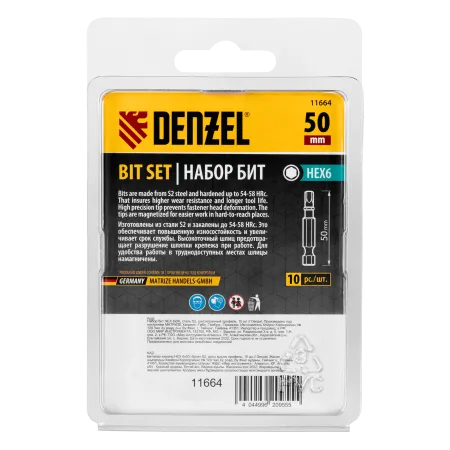 Бита DENZEL PH2х90, сталь S2, цилиндр., 10 шт. Е 6,3