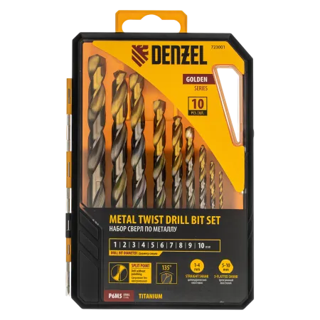 Набор сверл по металлу DENZEL, 1-10 мм, Р6М5-TiN, Golden Tip, 10 шт