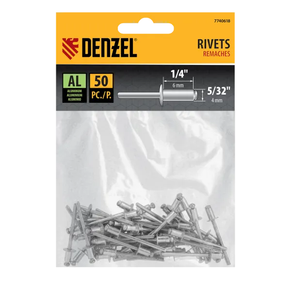 Заклепки алюминиевые DENZEL 5/32"-1/4", 4 x 6 мм, 50 шт
