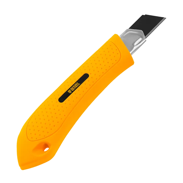 Нож DENZEL 18 мм, сменное лезвие, SK4, метал. направляющая, нажимной фиксатор