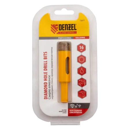 Сверло алмазное по керамограниту DENZEL 72677, 16 мм, мокрая резка, трехгранный хвостовик