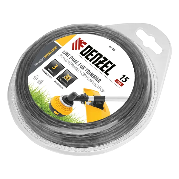 Леска для триммера DENZEL Extra cord 96126, 3 мм x 15 м, квадратная, двухкомпонентная