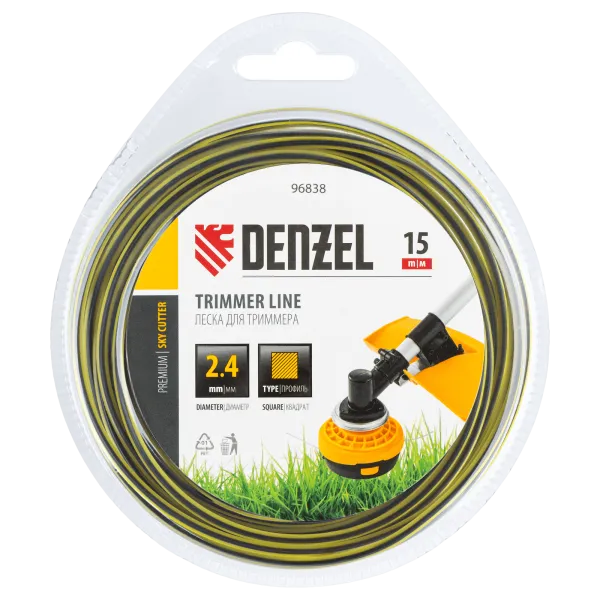 Леска для триммера DENZEL двухкомпонентная квадратная, 2,4мм х 15м, блистер SkyCutter