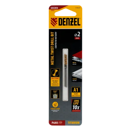 Сверло спиральное по металлу DENZEL 2 x 49 мм, Р6М5, Golden Tip, 2шт.