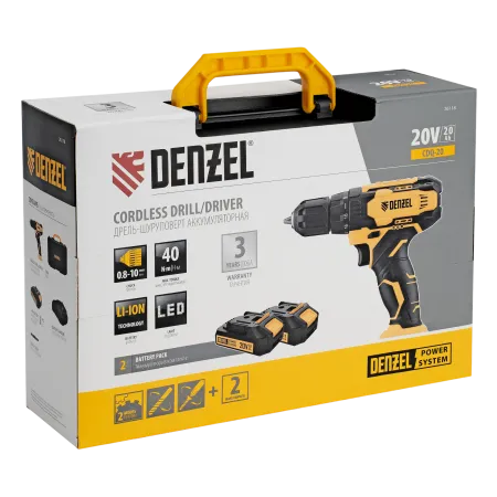 Дрель-шуруповерт аккумуляторная DENZEL CDQ-20, Li-Ion, 20 В
