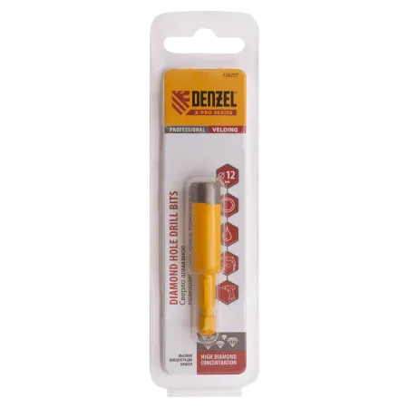 Сверло алмазное по керамограниту DENZEL 726757, 12 x 35 мм, шестигранный хвостовик