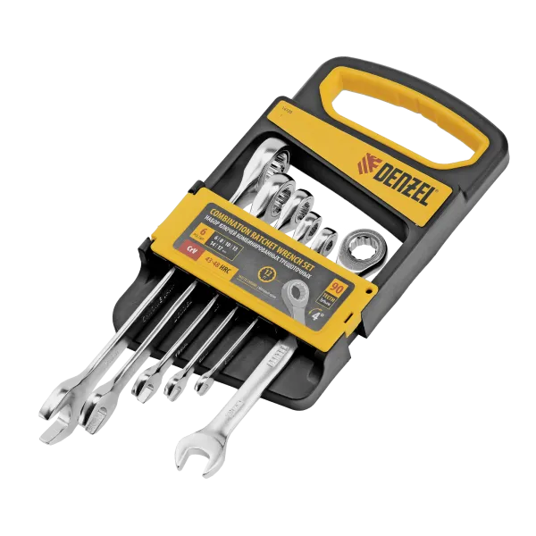 Набор ключей комбинированных трещоточных DENZEL 6-17 мм, 6 шт., CrV, матовый хром