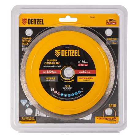 Диск алмазный сплошной DENZEL супертонкий, 180 х 25,4 мм, горячее прессование, мокрое резание