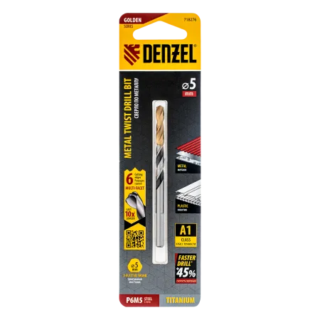 Сверло спиральное по металлу DENZEL 5 x 86 мм, Р6М5, Golden Tip, многогранная заточка