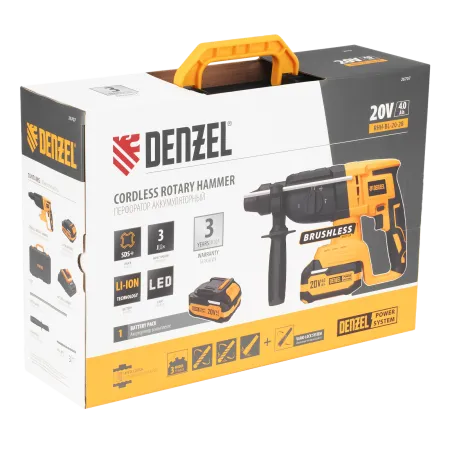 Перфоратор аккумуляторный бесщет. DENZEL RHH-BL-20-28, 3 Дж, Li-Ion, 20 В