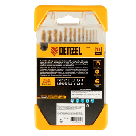 Набор сверл по металлу DENZEL 1,5-6,5 мм, HSS-Tin, Golden Tip, 13 шт