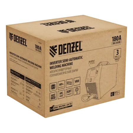 Аппарат инвертор DENZEL. полуавтомат. cварки IMIG-185SDR, 180 А, ПВ 60%, катушка 5 кг
