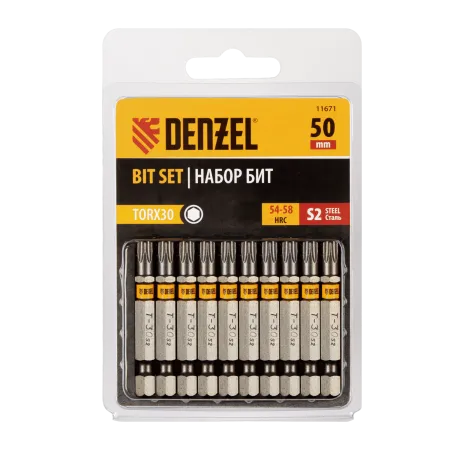 Бита DENZEL TX 30х50, сталь S2, шестигранный профиль, 10 шт. Е 6,3