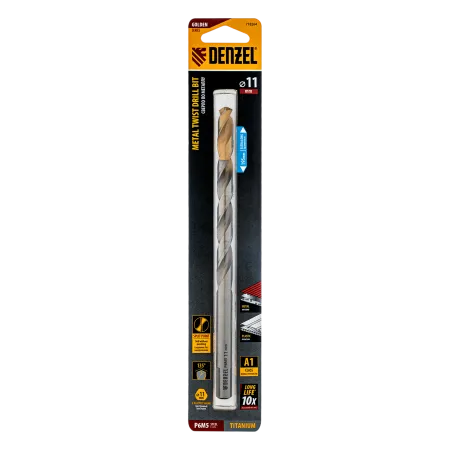 Сверло спиральное по металлу DENZEL 11 х 195 мм, Р6М5, Golden Tip, удлиненное