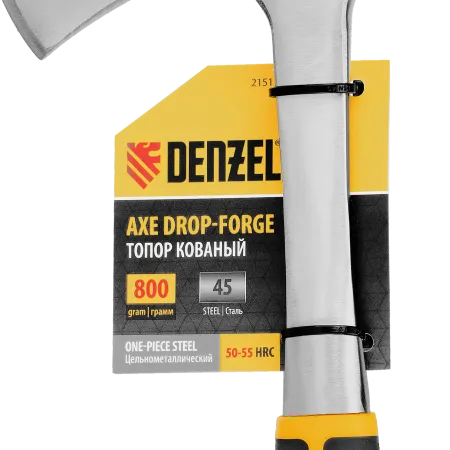 Топор цельнометаллический DENZEL, 800 г, двухкомпонентная обрезиненная рукоятка, прямой хват
