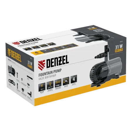 Насос фонтанный DENZEL FNP31-24, 31 Вт, подъем 2,4 м, 1500 л/ч, колокольчик/2 каскада/гейзер