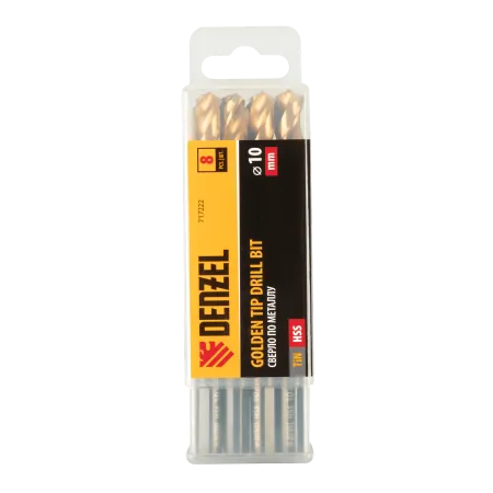 Сверло по металлу DENZEL 10 мм, HSS-Tin, Golden Tip, 8 шт.