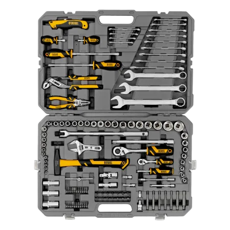 Набор инструментов DENZEL 1/2", 1/4", CrV, S2, пластиковый кейс, 122 предмета